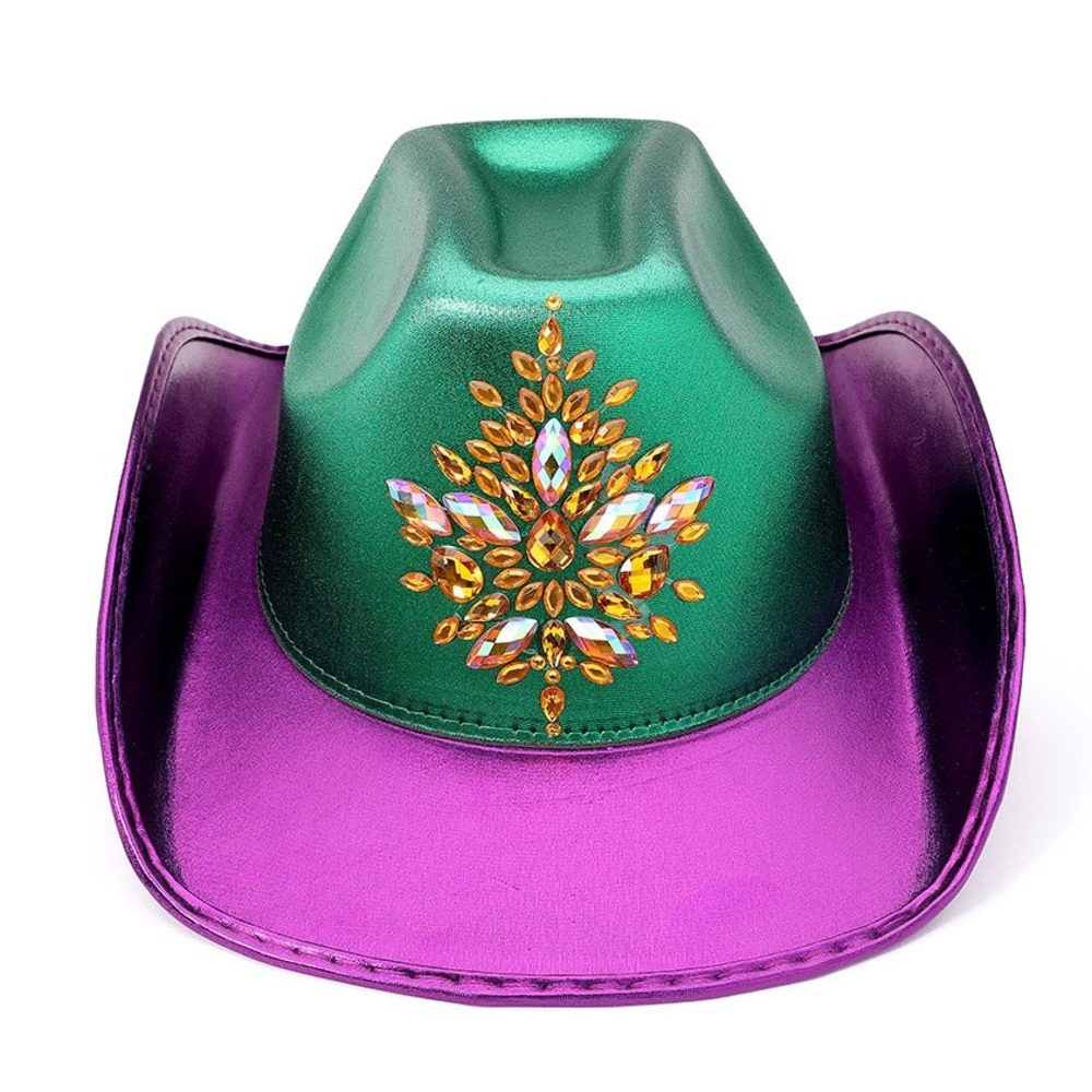 Green & Purple Embellished Marquise Stone Mardi Gras Fedora Cowboy Hat